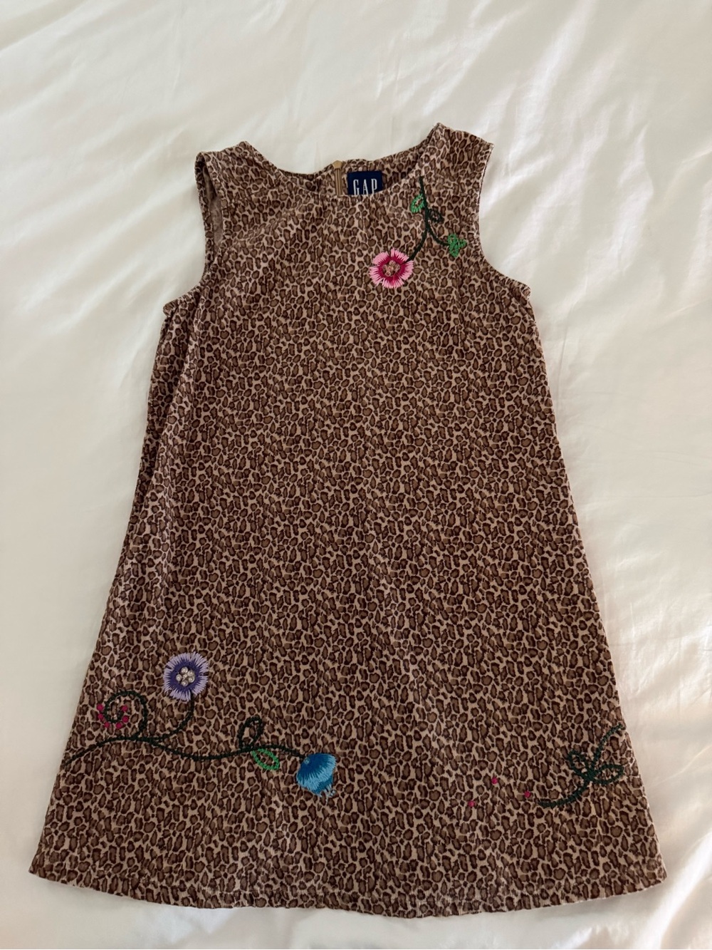 Vintage GAP Kids Size Small Leopard Print Corduroy Floral Embroidered Shift Dres